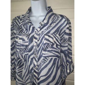 ANTILIA FEMME Sz LARGE Blue White Zebra Roll Tab Sleeves Blouse Boho EUC